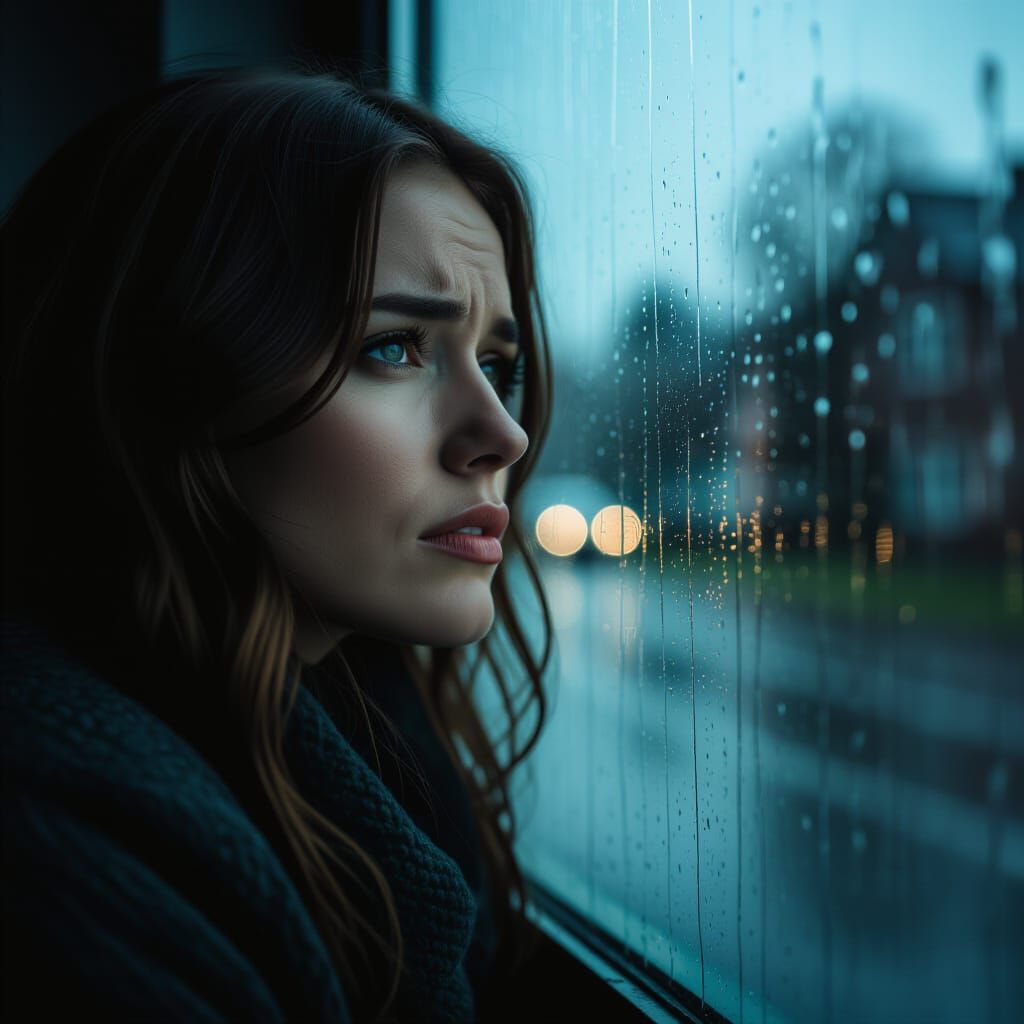 Sad Woman Watches Rain Through Window