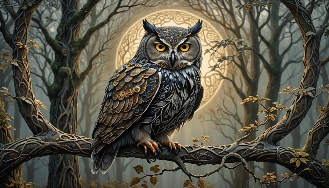 Owl with Celtic Knots in Art Nouveau Style