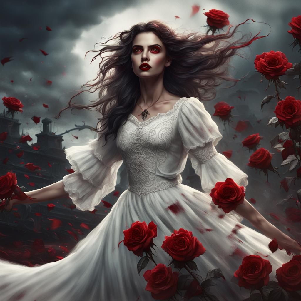 Vampire Woman in Windswept Dress with Roses