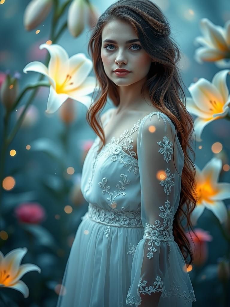 Slavic Beauty in Floral Dreamscape, Pre-Raphaelite Style