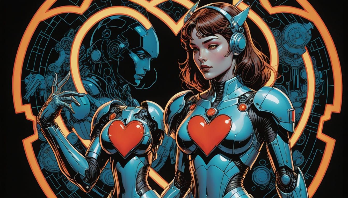 Neon-Lit Gynoid Posing in Heart-Shaped Glitch Art Style