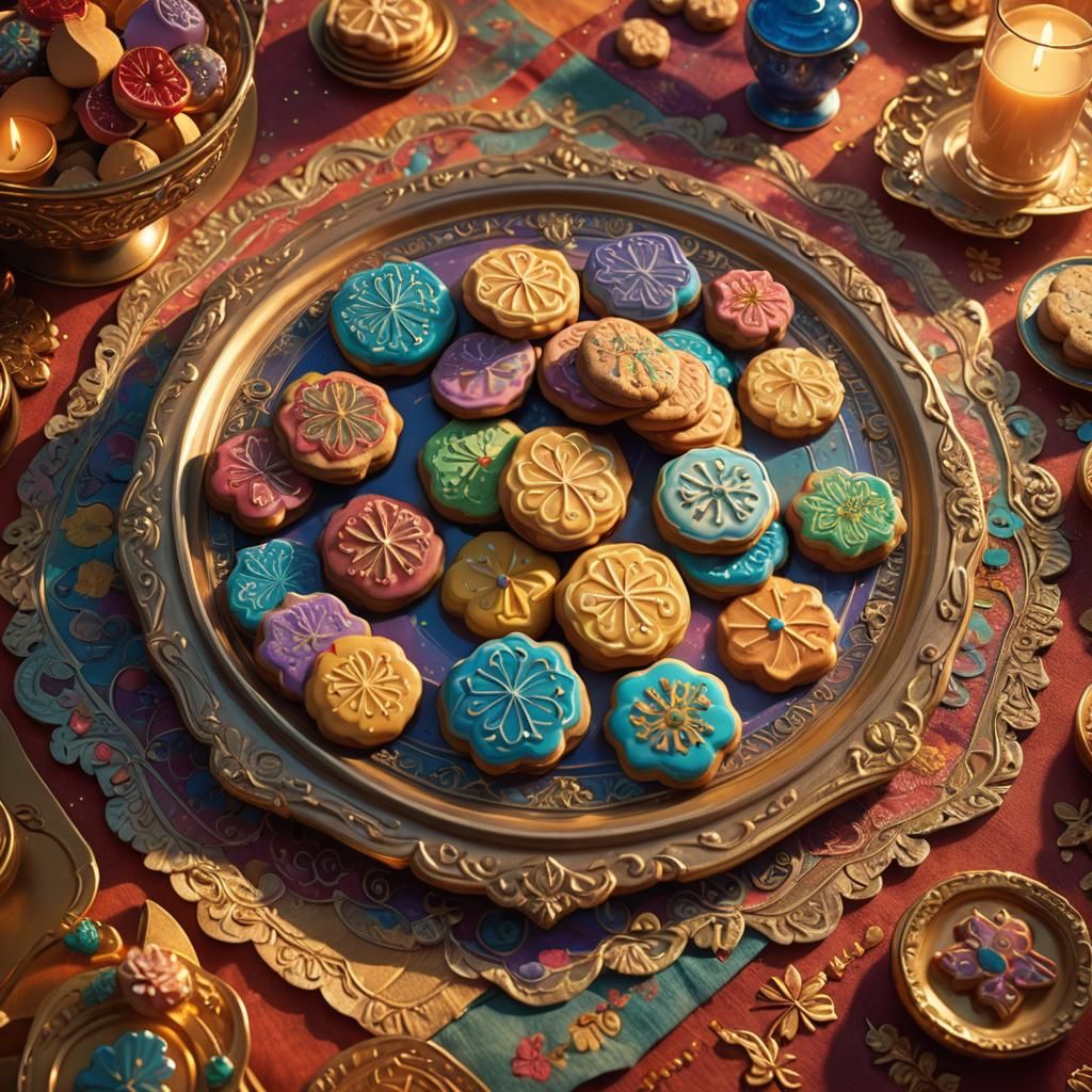 Ornate Cookies on a Glowing Tablecloth