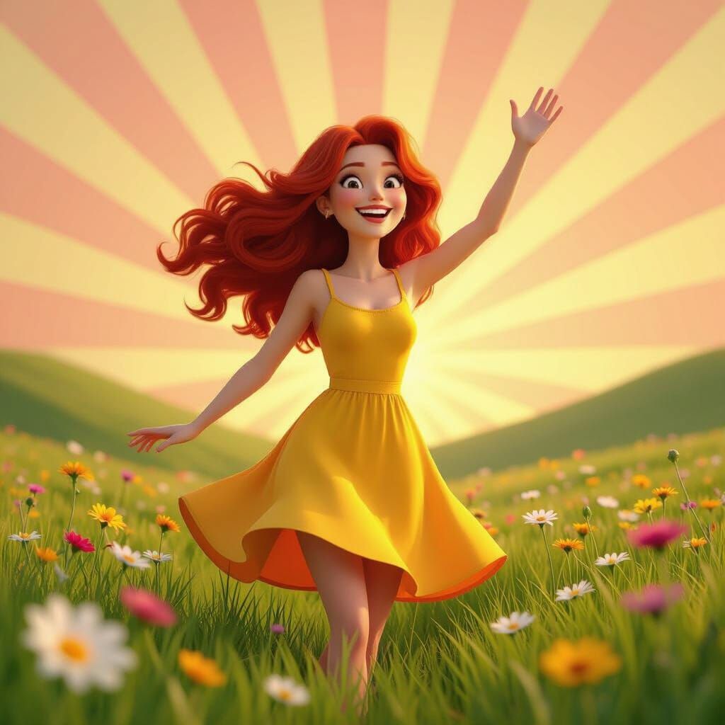Smiling Woman in Yellow Dress Waves in Wildflower Meadow