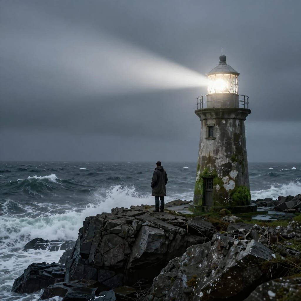 A solitary lighthouse keeper stands on a rocky outcrop, gazing out at a stormy sea. The lighthouse beam cuts through the...
