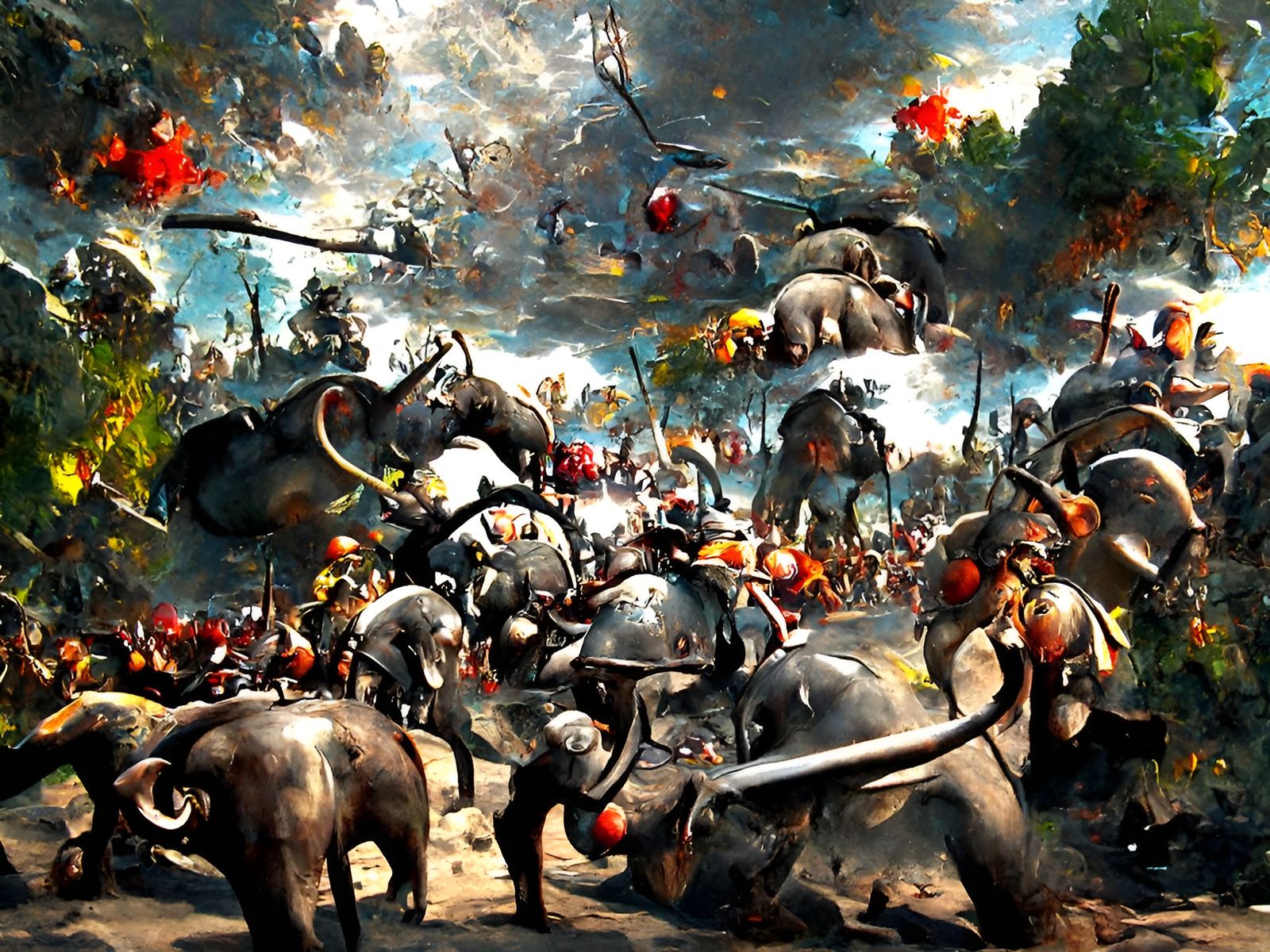 War Elephants Clash with Alexander's Army: Bosch-Inspired