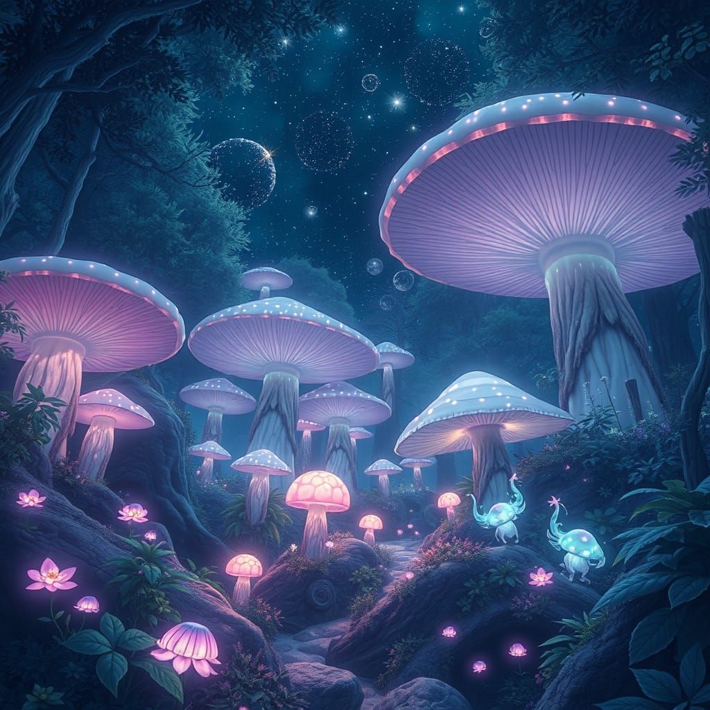 Mystical Forest of Glowing Mushrooms in Ethereal Style