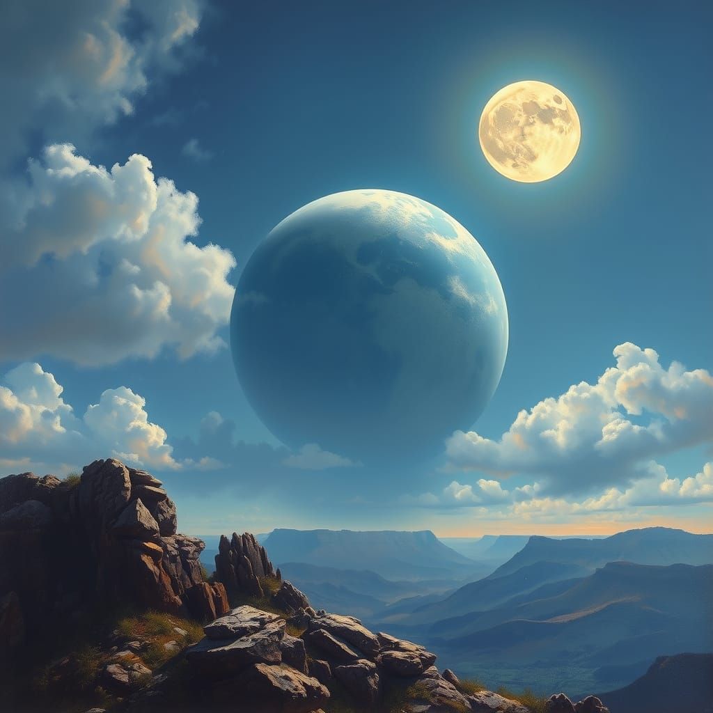 Earth Rising Over Moon: Oil Painting