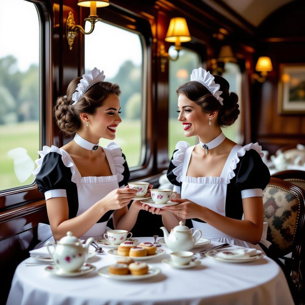 Elegant Maids Enjoying Tea on Luxury Train