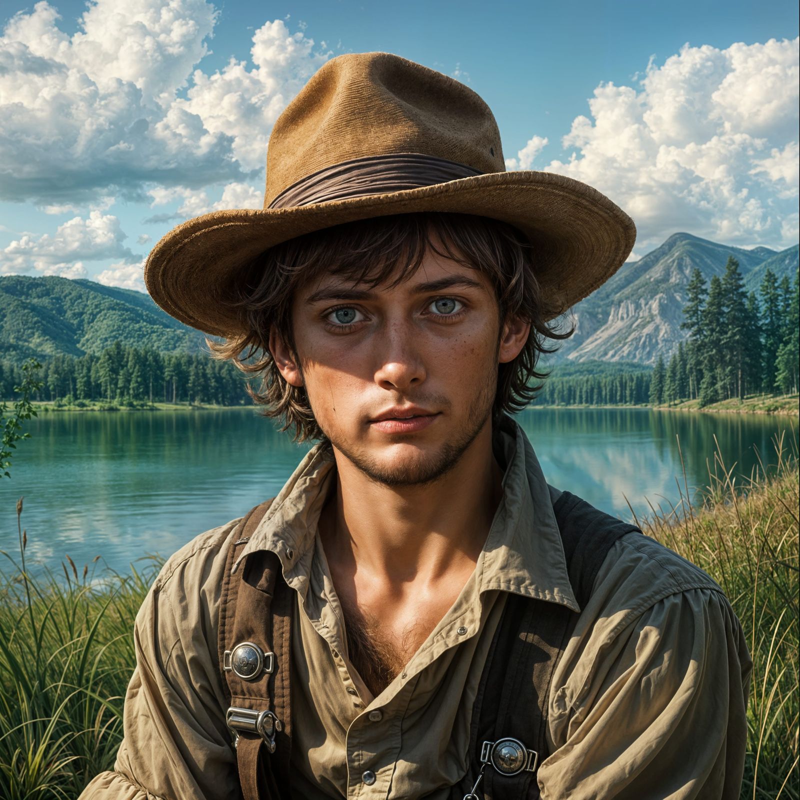 Realistic Portrait of Tom Sawyer in a Serene Lake Landscape
