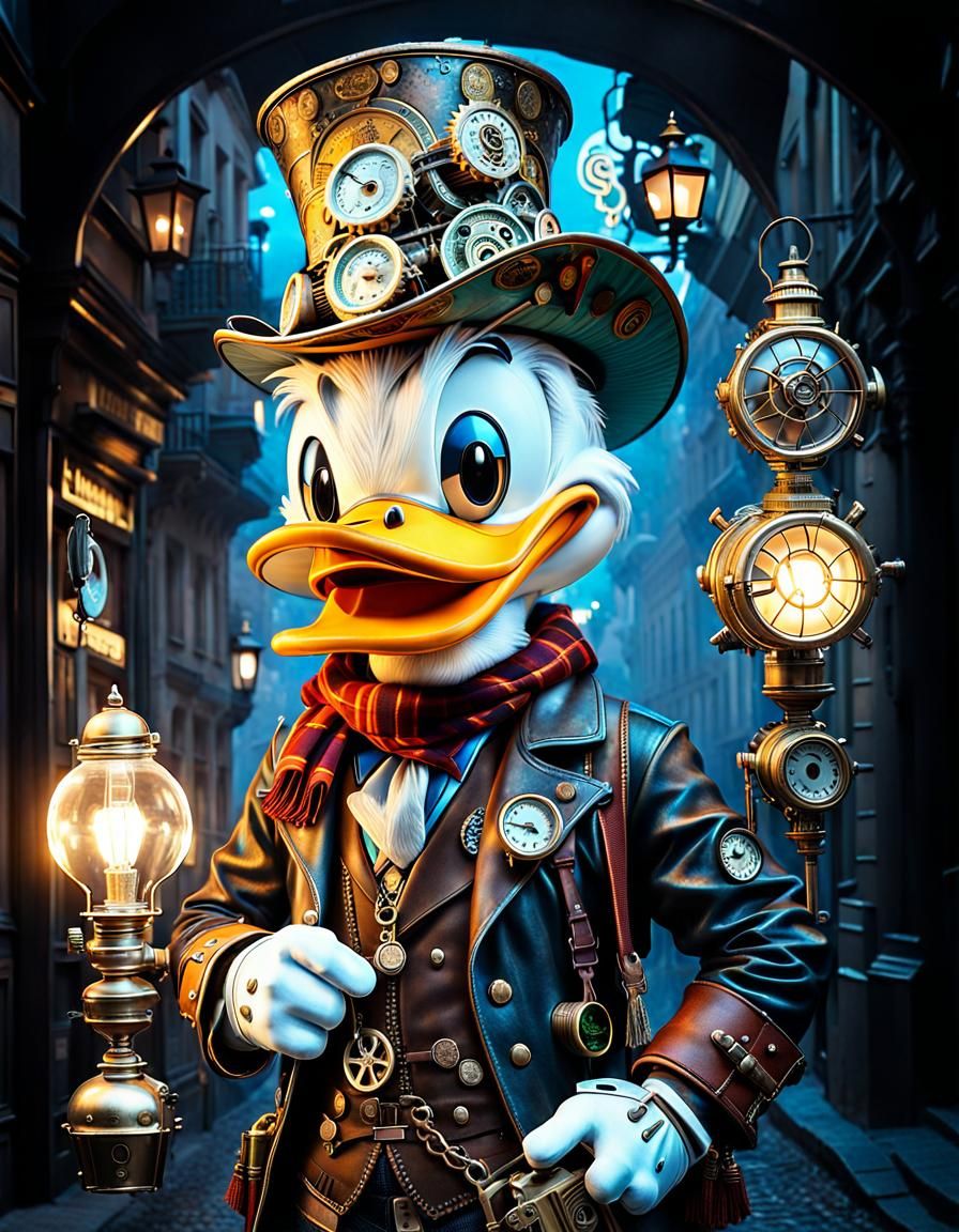 Steampunk Donald Duck Portrait in Budapest, Hyperreal 3D