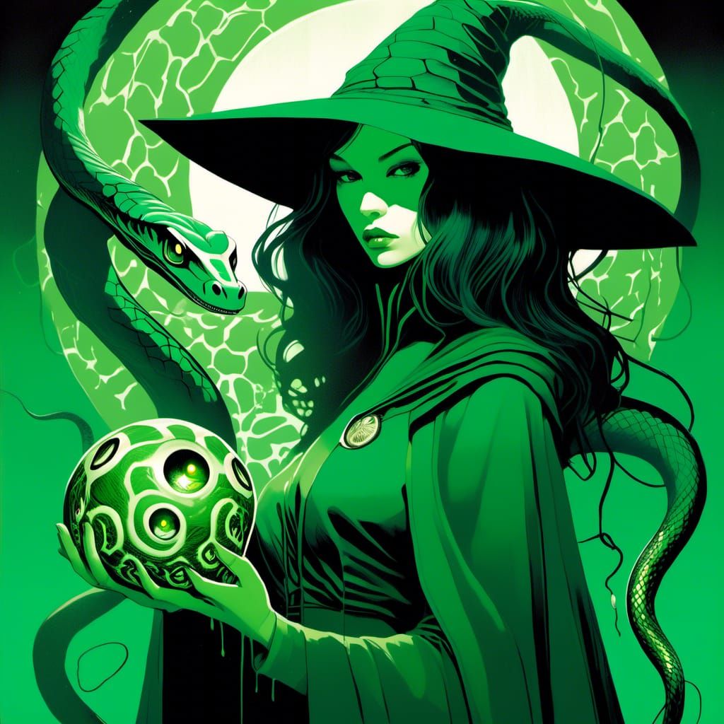 Green and Silver Snake Witch in Anime Style