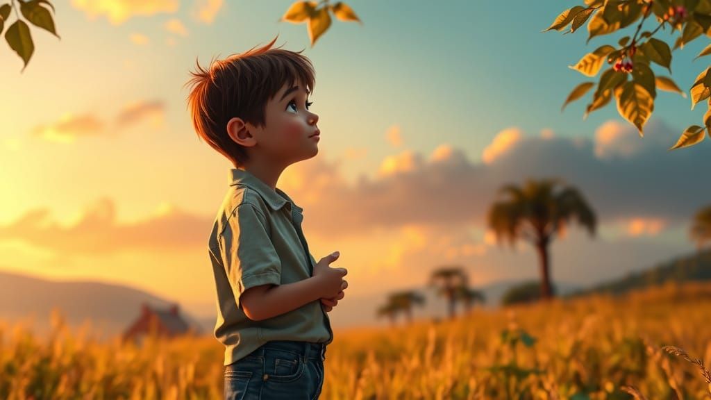 A Young Boy's Reflection in a Golden Garden