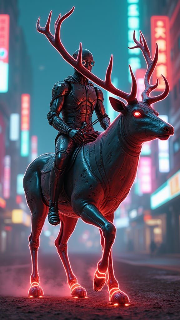 Robot Rider on Glowing Deer in Neon City
