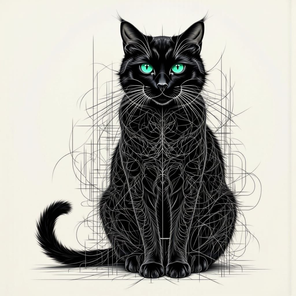 Escher-Inspired Black Cat Portrait in Surreal Sketch Style