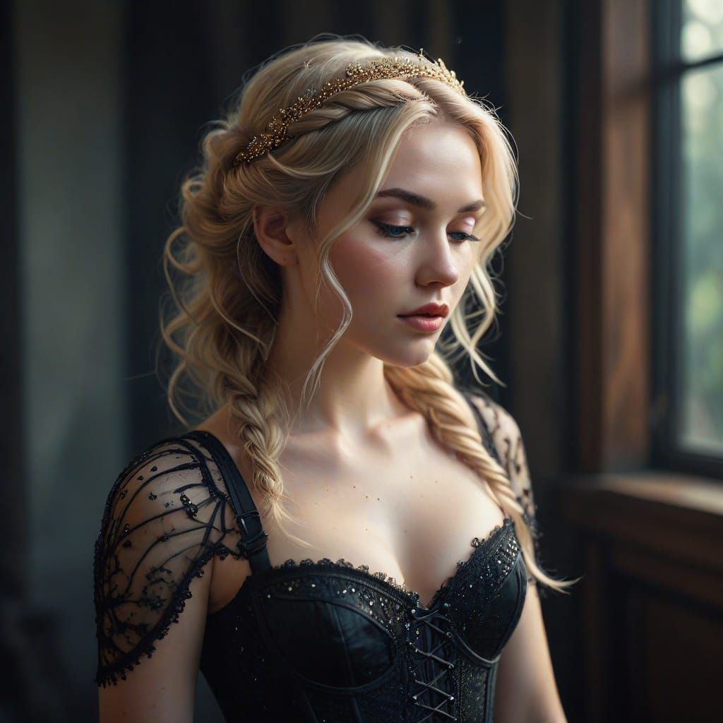 Serene Woman in Lace Corset with Braided Hair