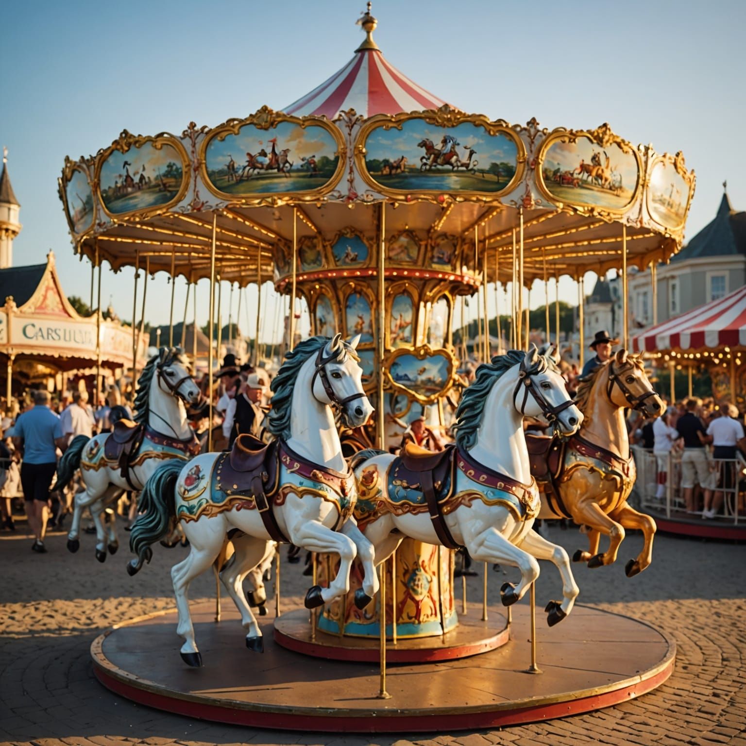 Seaside Carnival Carousel at Sunset in Impressionist Style