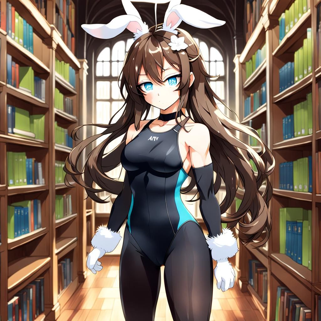 Anime Girl with Bunny Ears in Library