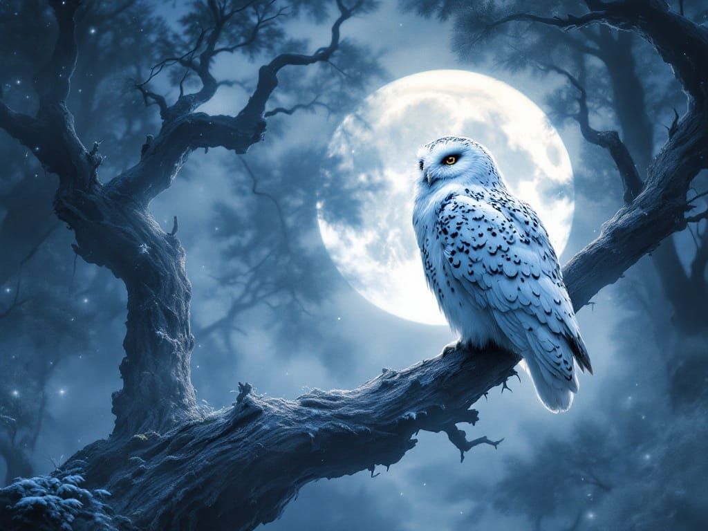 Majestic Snowy Owl in Dreamlike Moonlit Forest