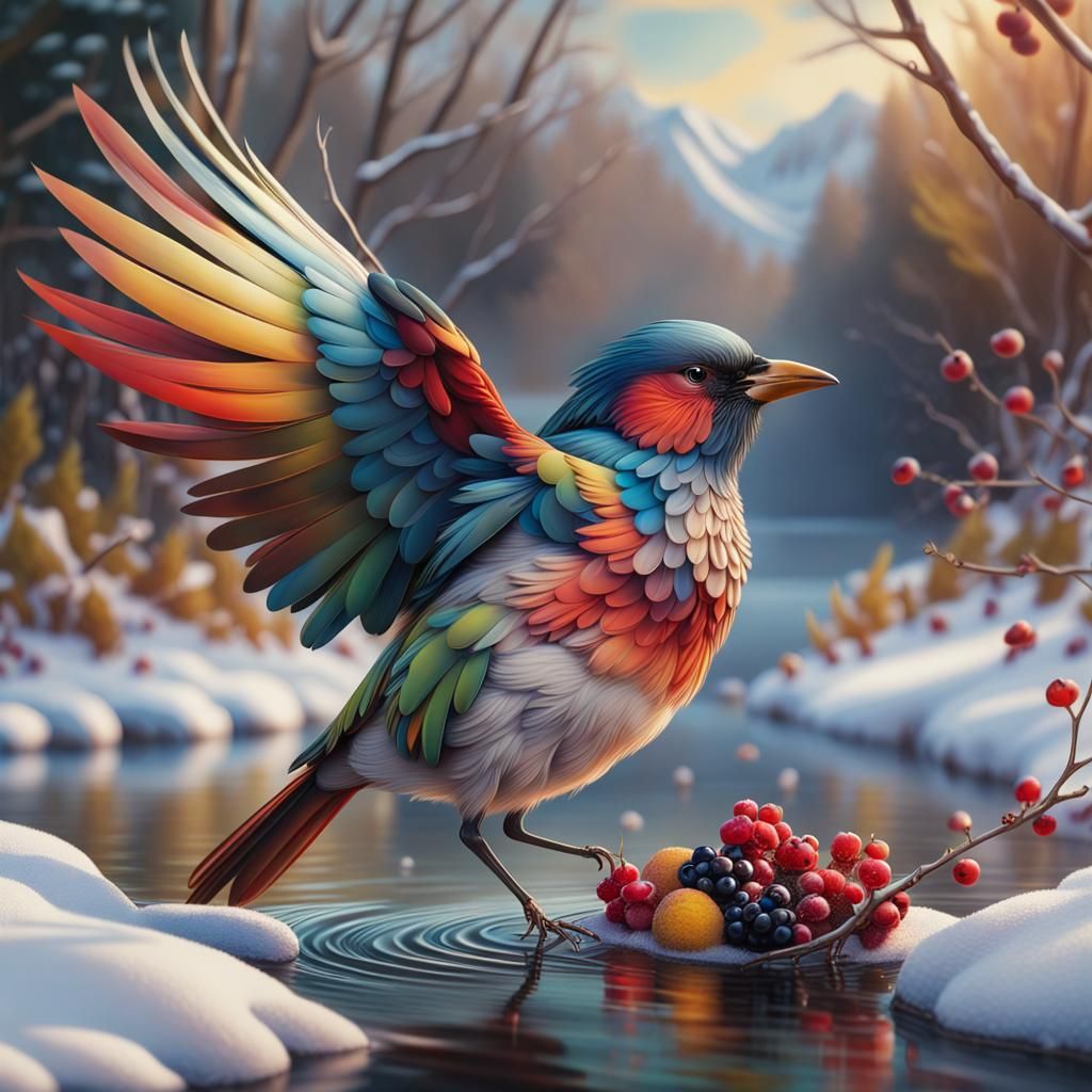 Colorful Bird with Berries in Winter Landscape