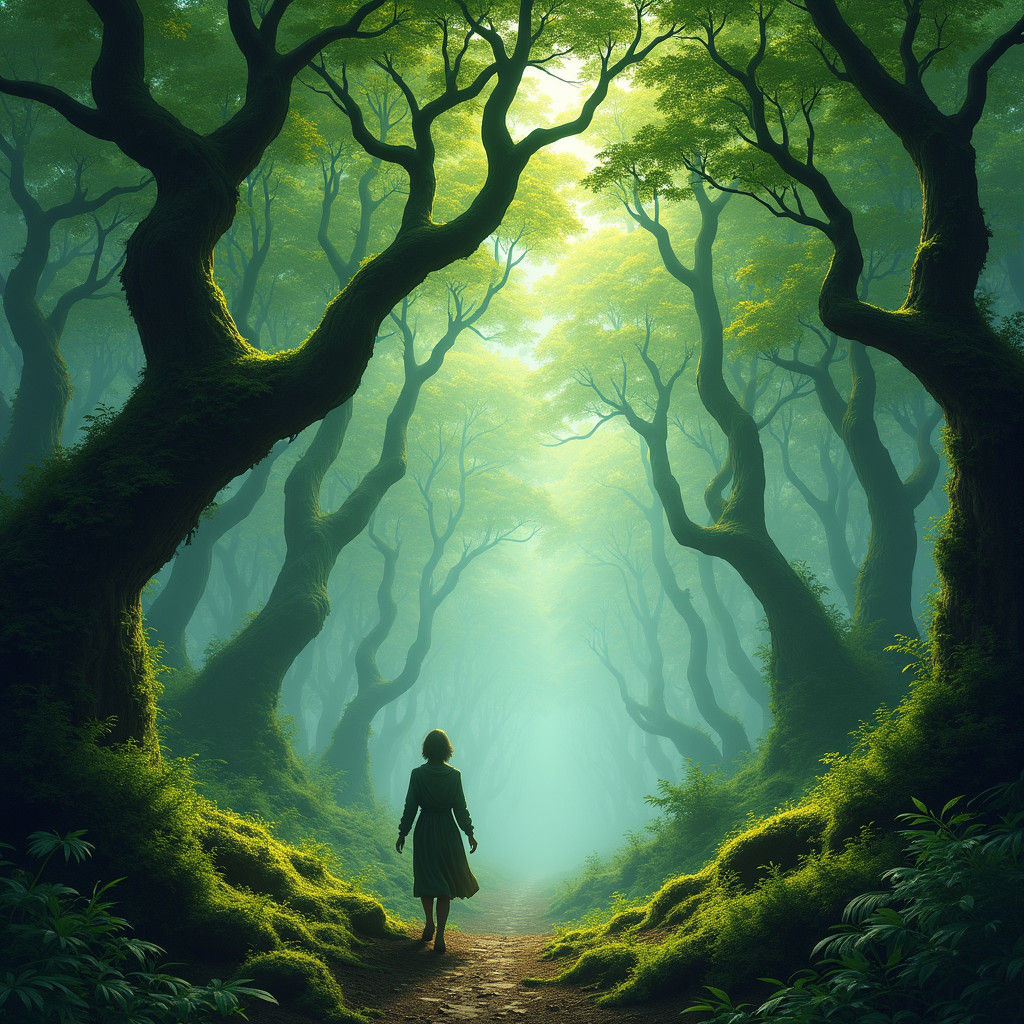 Misty Forest Descent: Romantic Landscape Painting