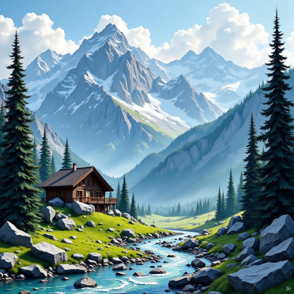 Majestic Swiss Alps in Water Ink Style