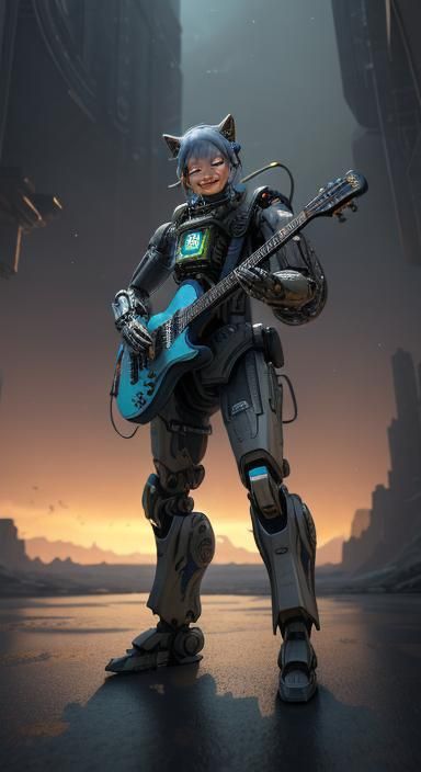 Futuristic Old Woman Playing Guitar in Sci-Fi Style
