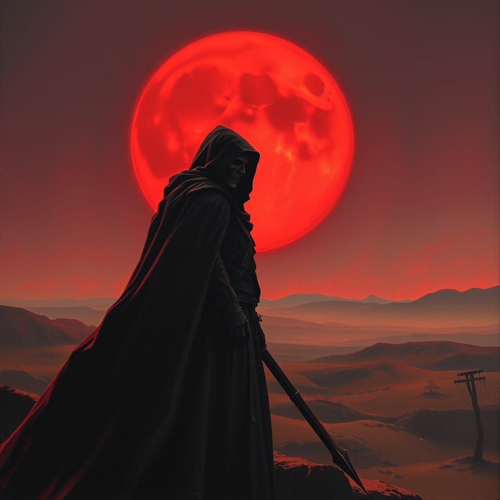 Ancient Assassin Silhouetted Against Blood Moon