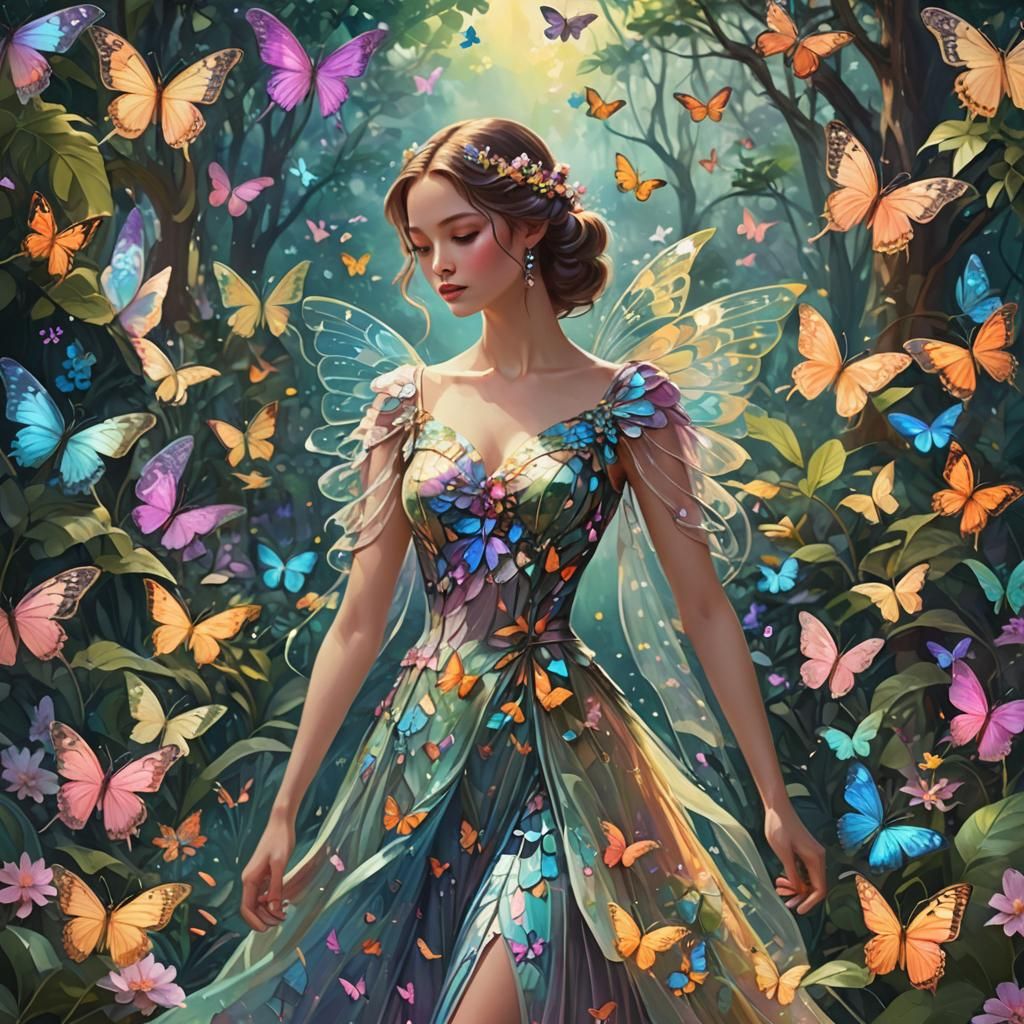 Woman in Butterfly Dress: Anime Concept Art