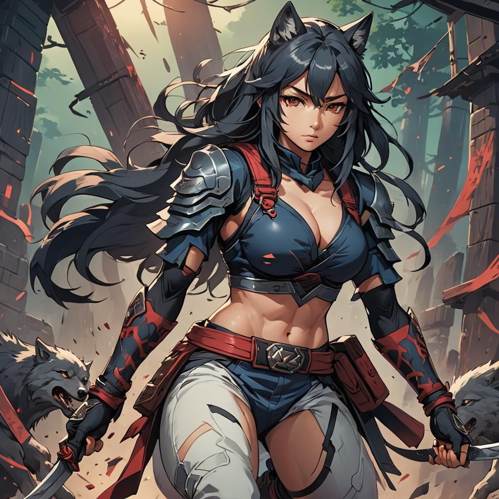 Anime Wolf Ninja Warrior in Cel-Shaded Style