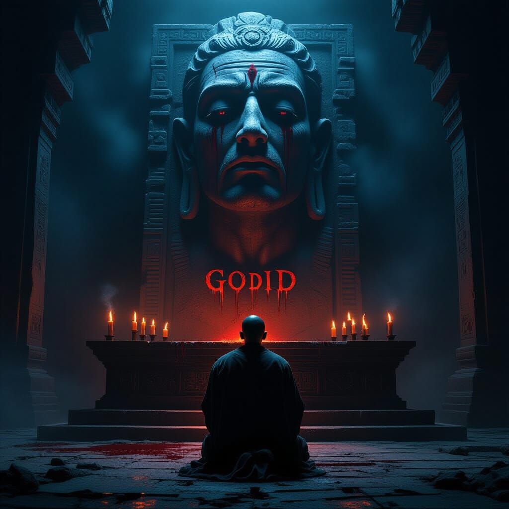 Dark Temple at Night with Monk and Bloody Altar