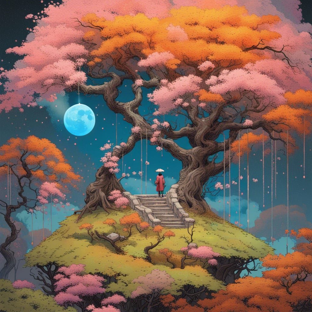 Sakura and Moon: Japanese Garden Digital Art