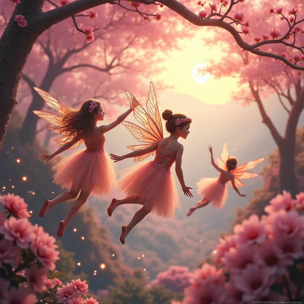 Fairies in Cherry Blossom Forest, Fantasy Concept Art