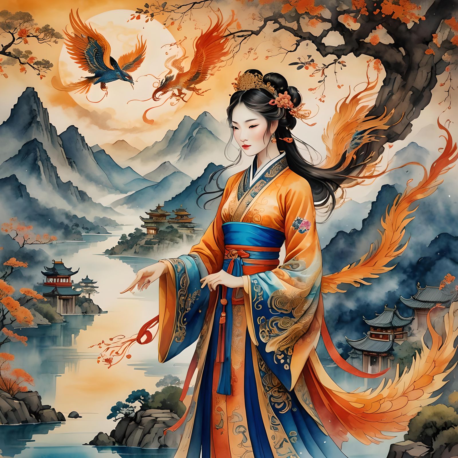 Phoenix Princess at Lakeside Temple, Chinese Art