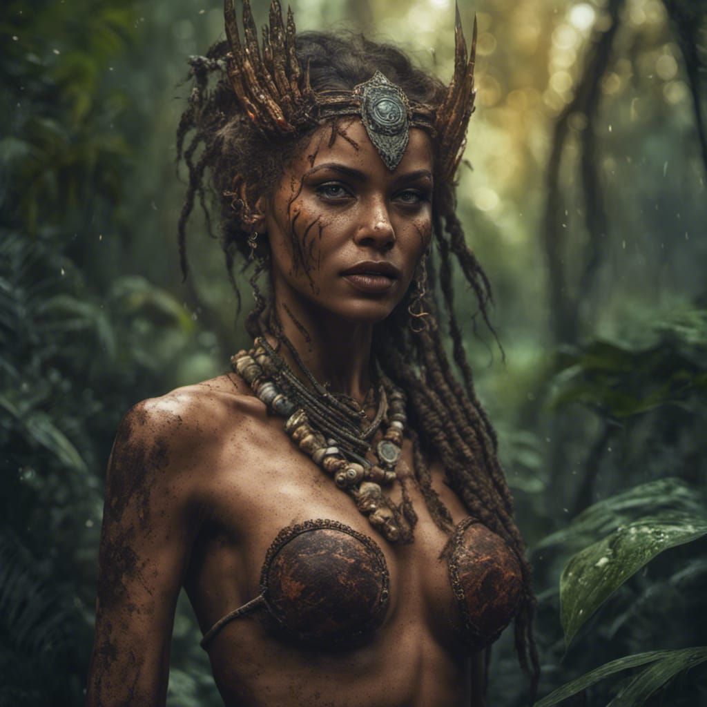Savage Woman in Deep Jungle: Realistic HDR Image