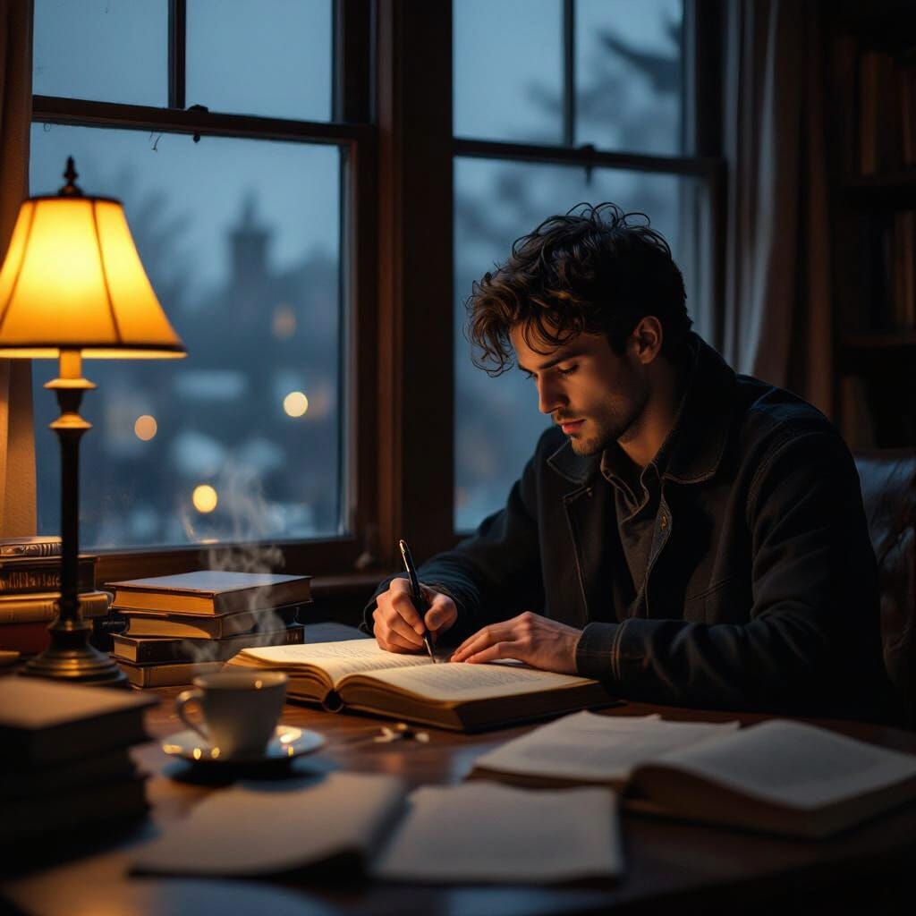 Contemplative Young Writer at Desk on Foggy Night