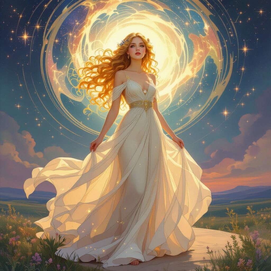 Ethereal Woman in Starlight Gown on Celestial Plain