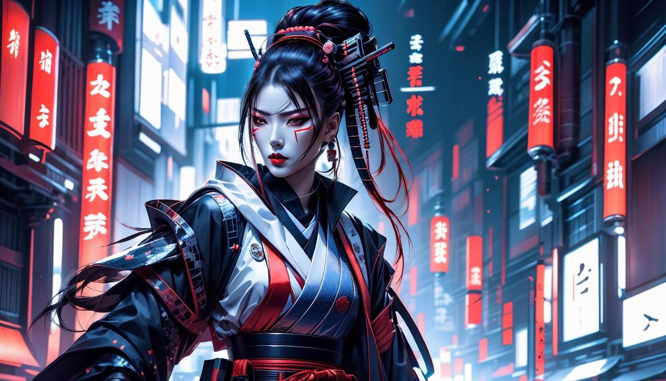 Cyberpunk Geisha Samurai Assassin in Japan