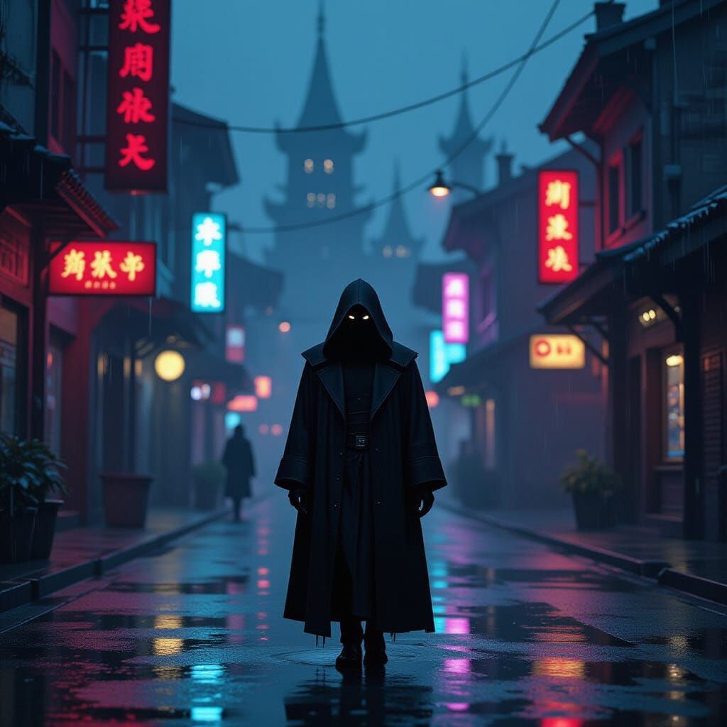 Lone Figure in Futuristic Village with Neon Reflections