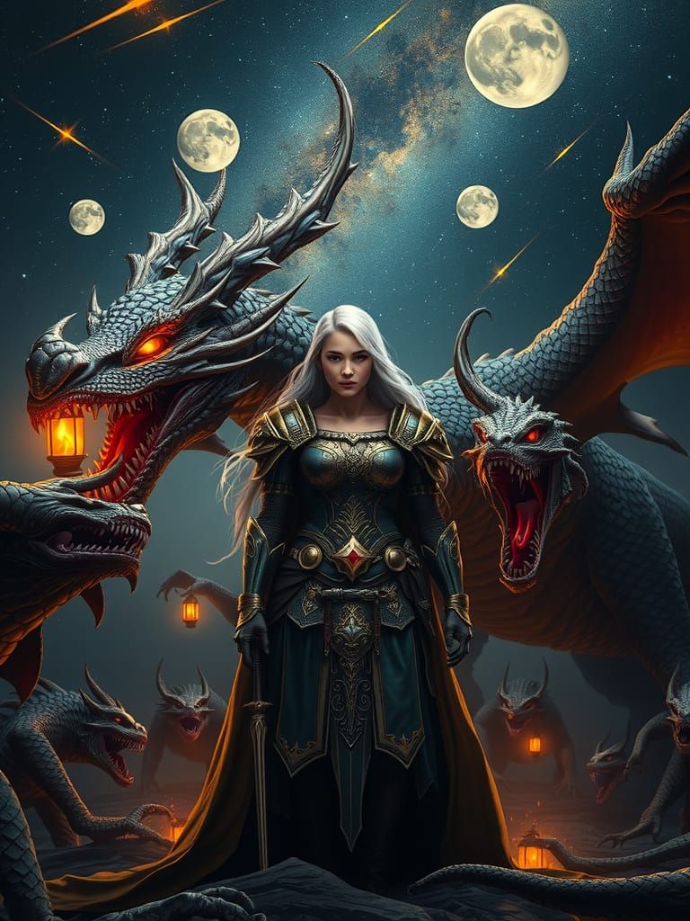 Warrior Woman Faces Dragon in Surreal Medieval Scene
