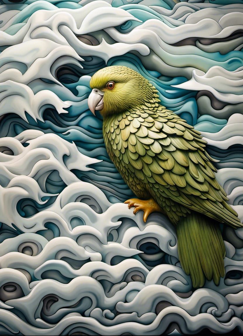 Cloud Kakapo Chinese Mural with Chromatic Waves