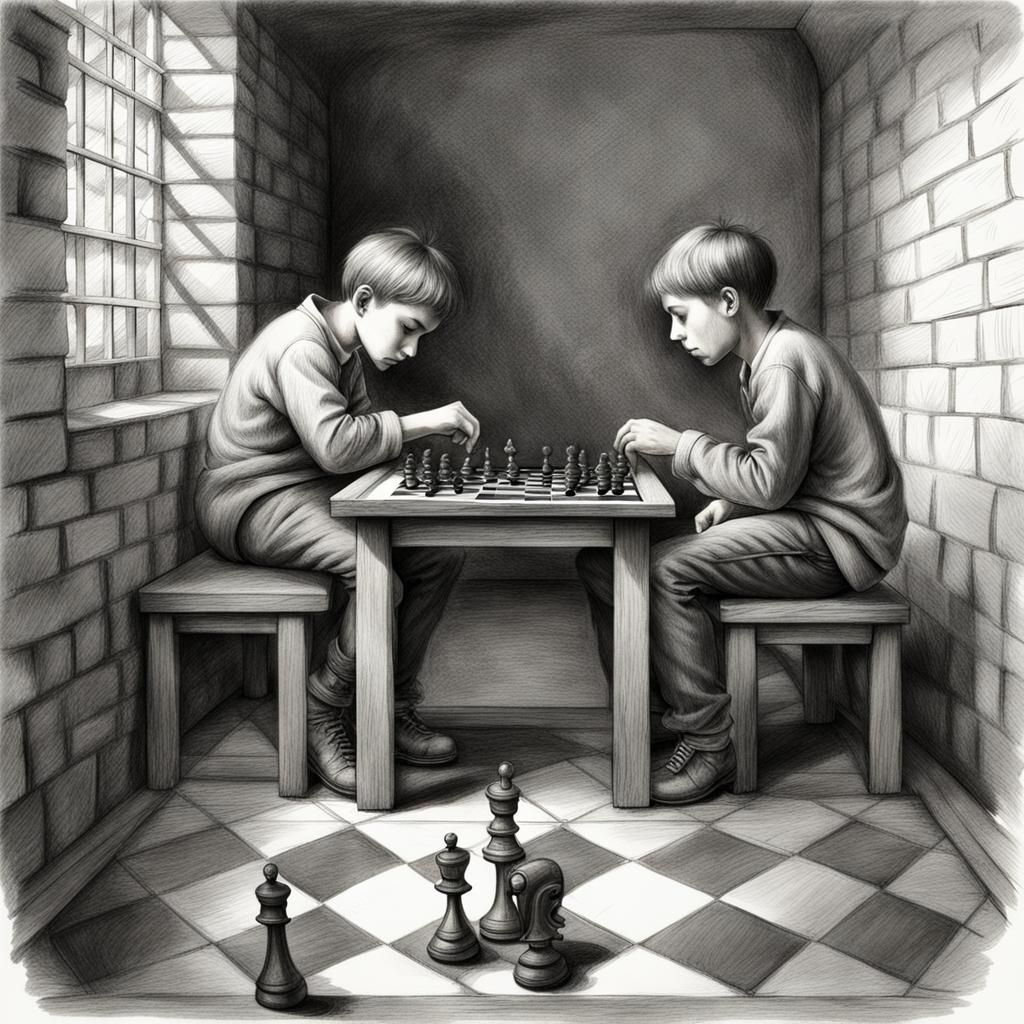 Boys Playing Chess in Prison, Charcoal Art