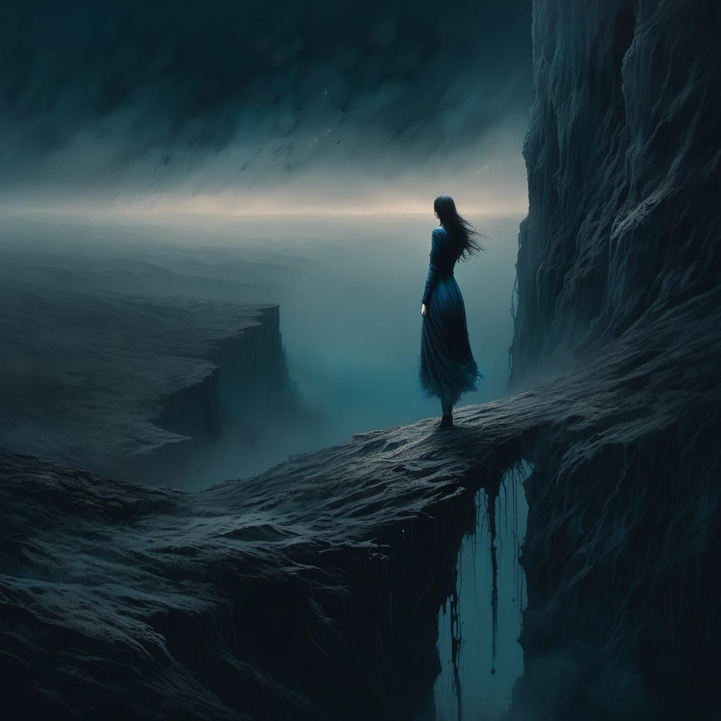 Woman Falling into Eternal Abyss in Blue Tones