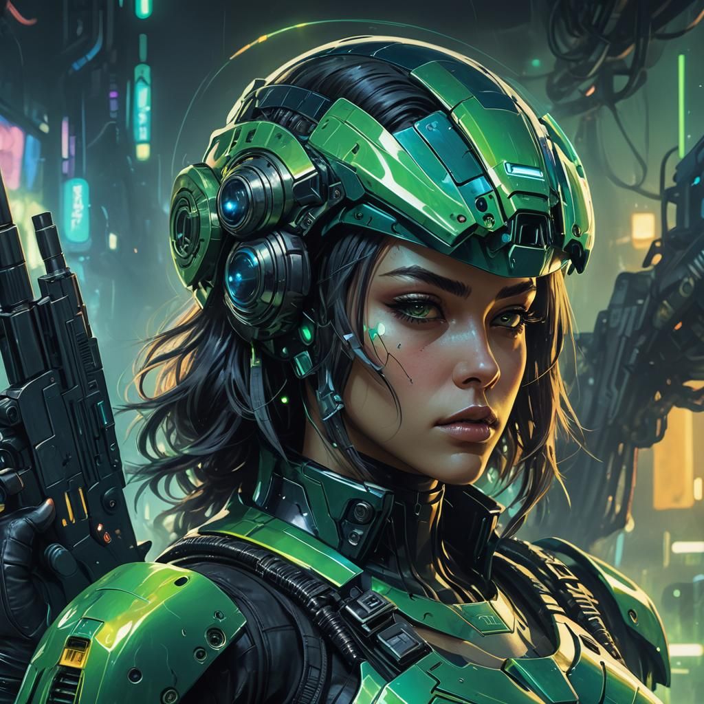 Cyberpunk Girl with Gun in Neon Lit Armor