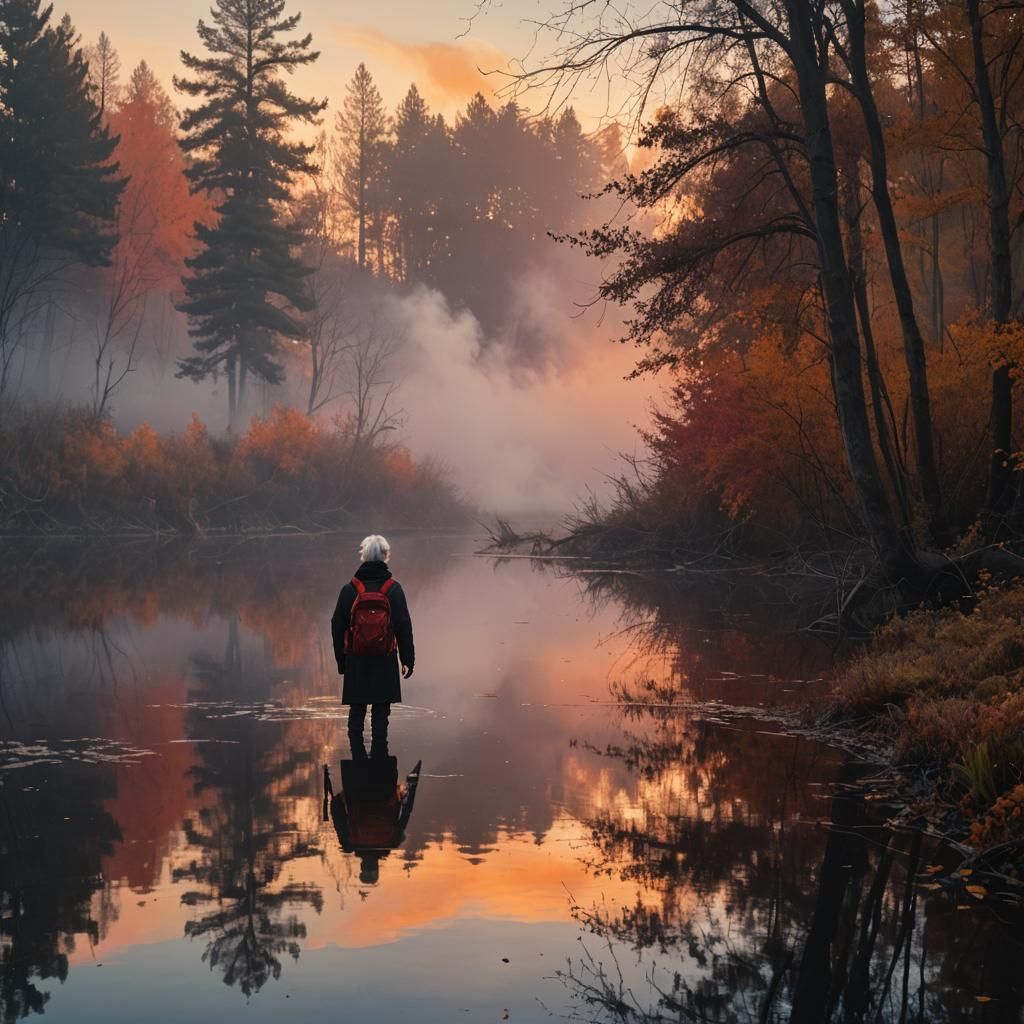 Cinematic Film Still of Boy in Water Reflecting Sky