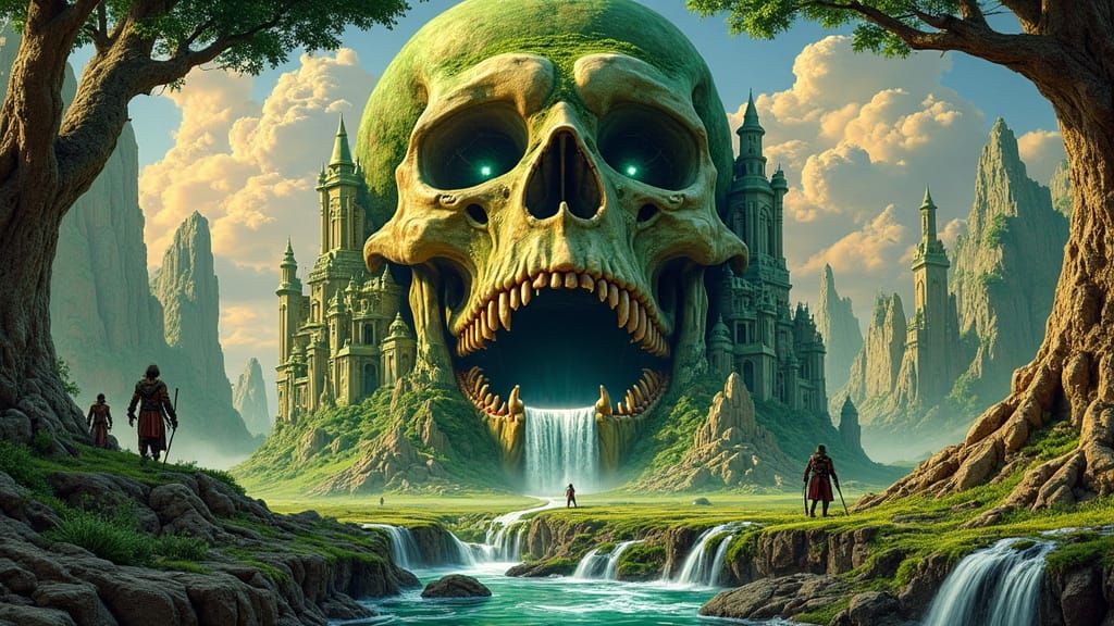 Ancient Alien Skull Devours the Horizon in Futuristic Metrop...