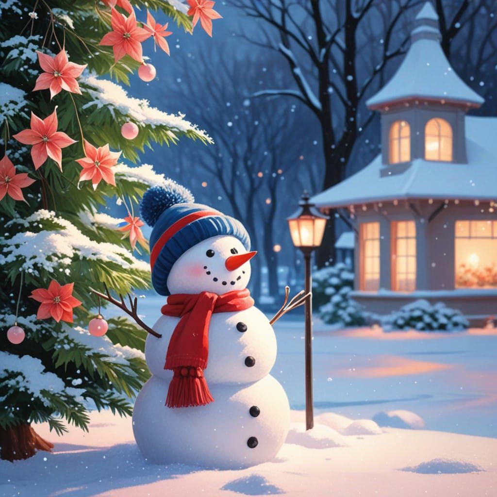 Christmas Tree Enchanted Garden Scene in Whimsical Style