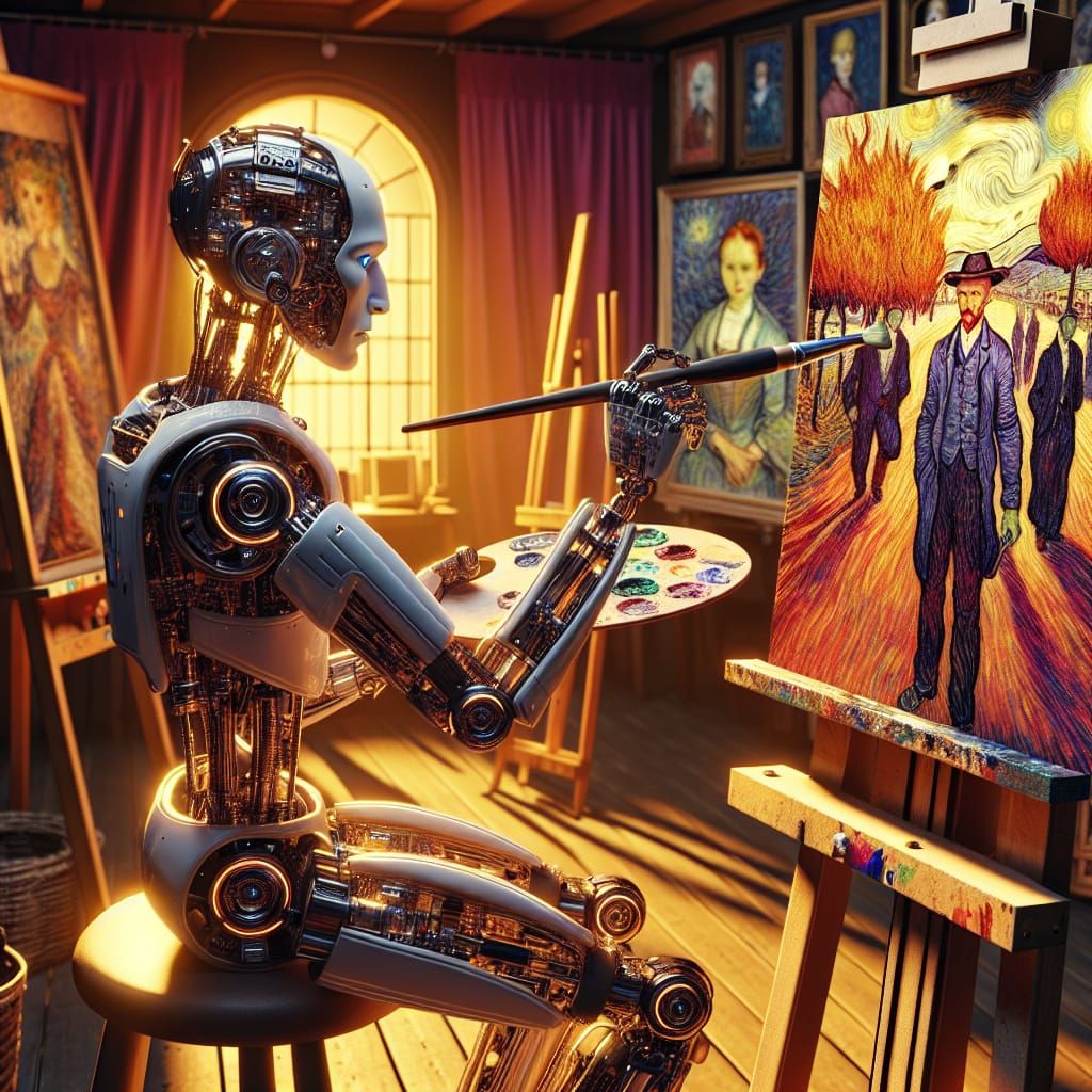 Robot Van Gogh Painting in Renaissance Studio