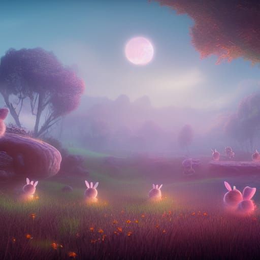 Cute Bunnies in Dawn Field: Matte Painting
