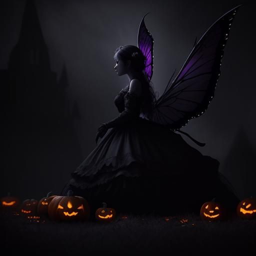Enchanting Dark Fairy Among Halloween Pumpkins