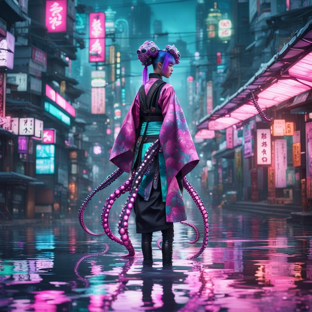 Cyberpunk Samurai Girl with Octopus Tentacles in Tokyo